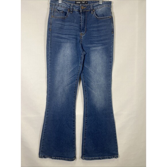 Almost Famous Jeans Women's Size 10 High Rise Flare Blue Denim Stretch 90s Boho - Picture 1 of 8